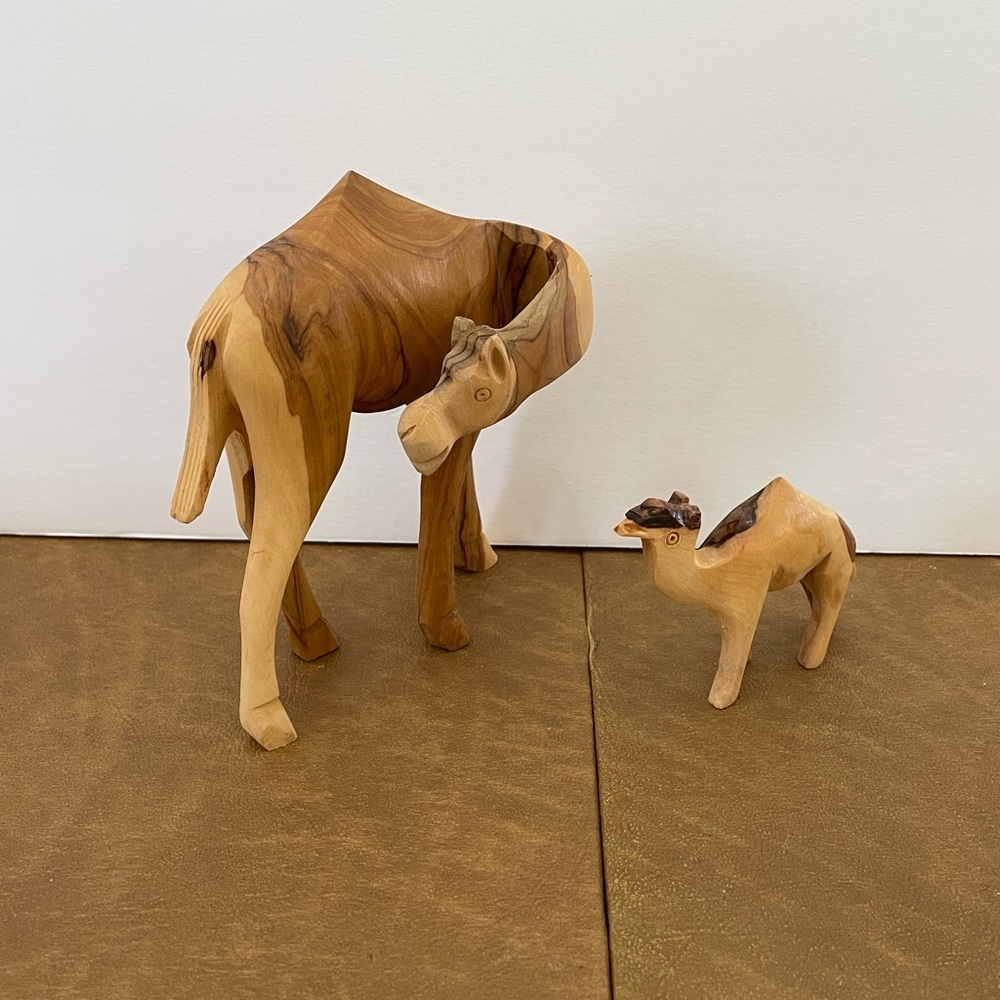 Olive Wood Mother and Child Camel Figurines